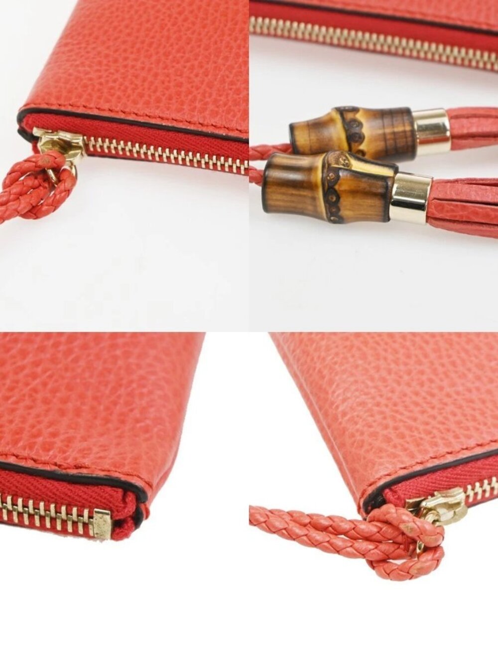 GUCCI Logo Bamboo Charm Clutch Pouch Bag Pebbled Leather Red Italy 61KC890 - Picture 7 of 14